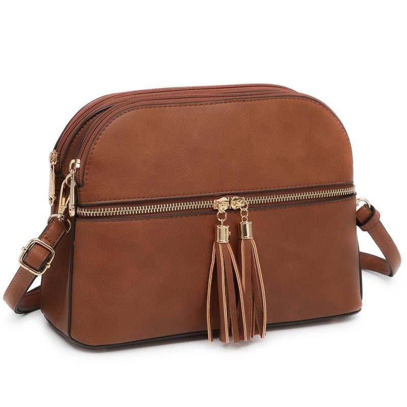 Dasein Women Tassel Zipper Pocket Crossbody Bag Shoulder Purse Fashion Travel Bag with Multi Pockets(1-Brown) - Image 1
